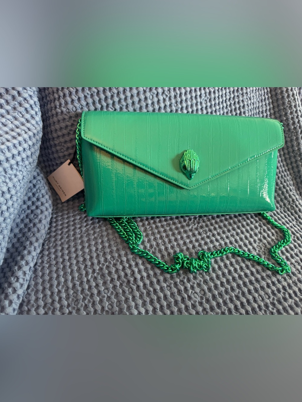 Kurt Geiger Green Patent Envelope Crossbody with Chain